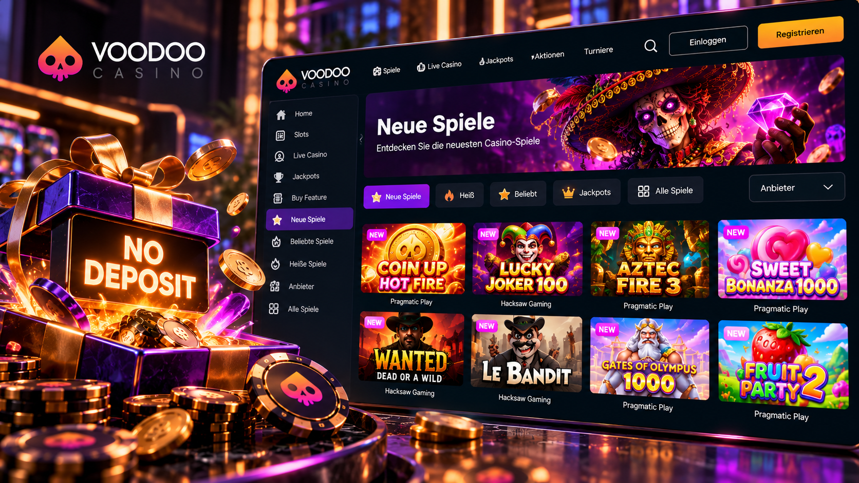 Неоновая витрина новых игр казино Voodoo